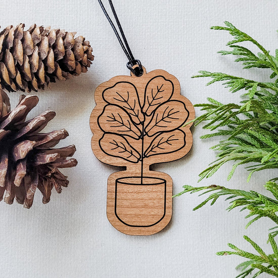 Potted hanging houseplant Christmas ornament - perfect gift for plant lovers. Handmade and wood engraved.