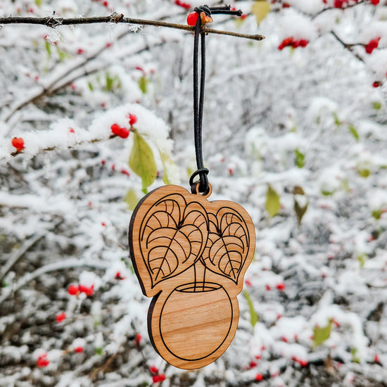 Potted hanging houseplant Christmas ornament - perfect gift for plant lovers. Handmade and wood engraved.