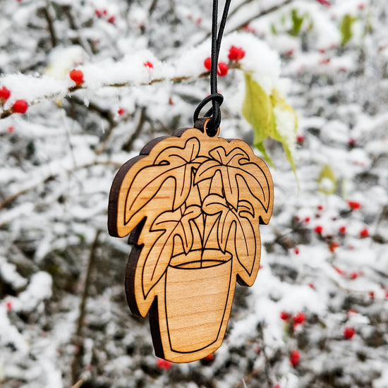 Potted hanging houseplant Christmas ornament - perfect gift for plant lovers. Handmade and wood engraved.