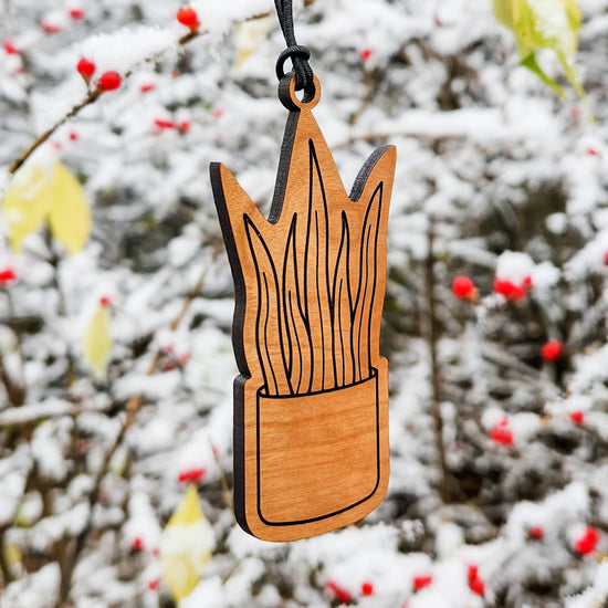 Potted hanging houseplant Christmas ornament - perfect gift for plant lovers. Handmade and wood engraved.