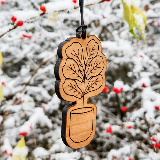 Potted hanging houseplant Christmas ornament - perfect gift for plant lovers. Handmade and wood engraved.